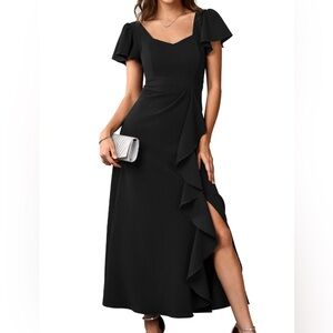 Long Semi Formal Cocktail Square Neck Split Elegant Party Gowns Ruffle Dress